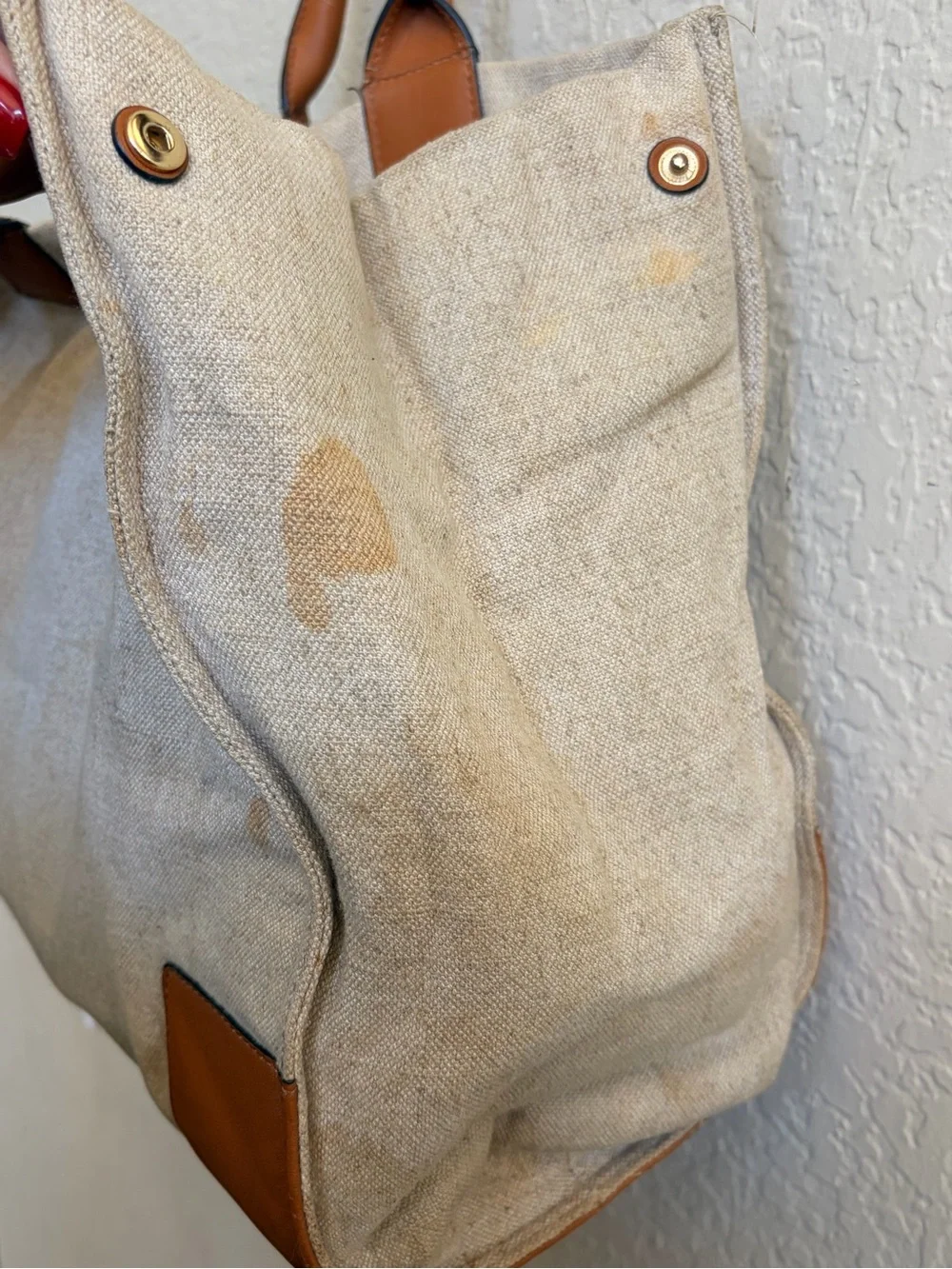 Tory Burch Beige Canvas Tote with Brown Leather Trim and Embroidered Medallion